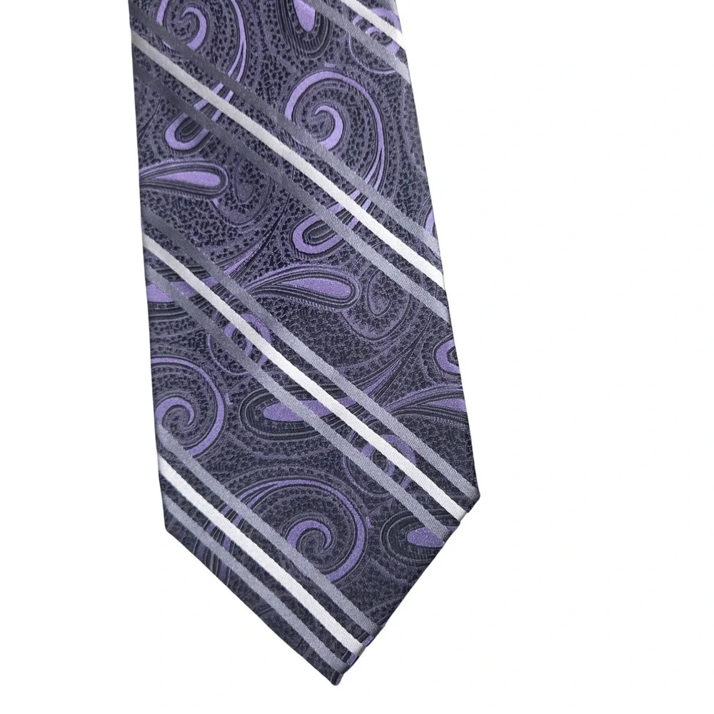 Pronto Uomo Couture Mens Purple Silver Paisley Striped 100% Silk Necktie Tie